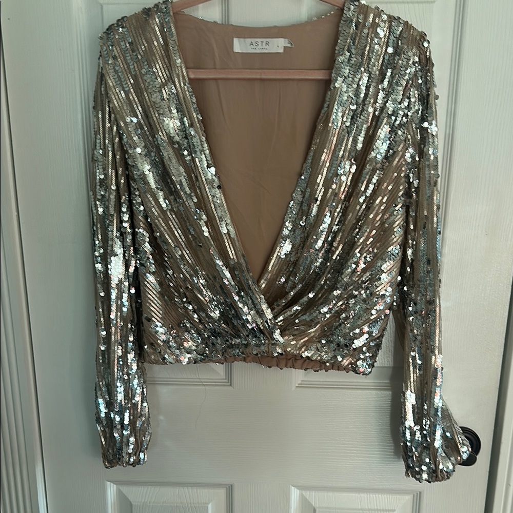 Astr Silver and Nude Sequin Wrap Crop Blouse